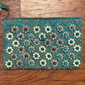 NWT Anthropologie Embellished Teal Clutch